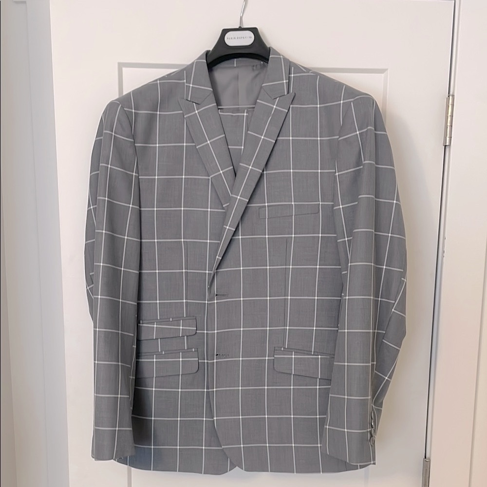 Alain Dupetit Men’s Slim Fit Grey Windowpane 3-piece Suit